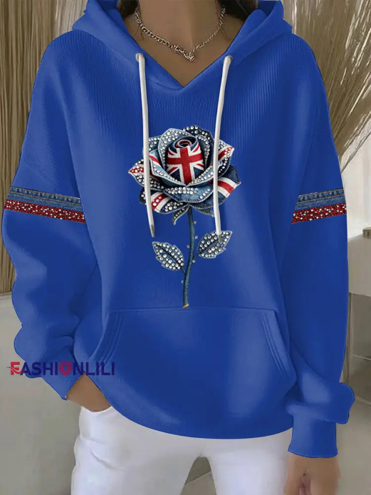 Women’s British style imitation denim rhinestone hot-drill Print Casual Hoodie Blue / S