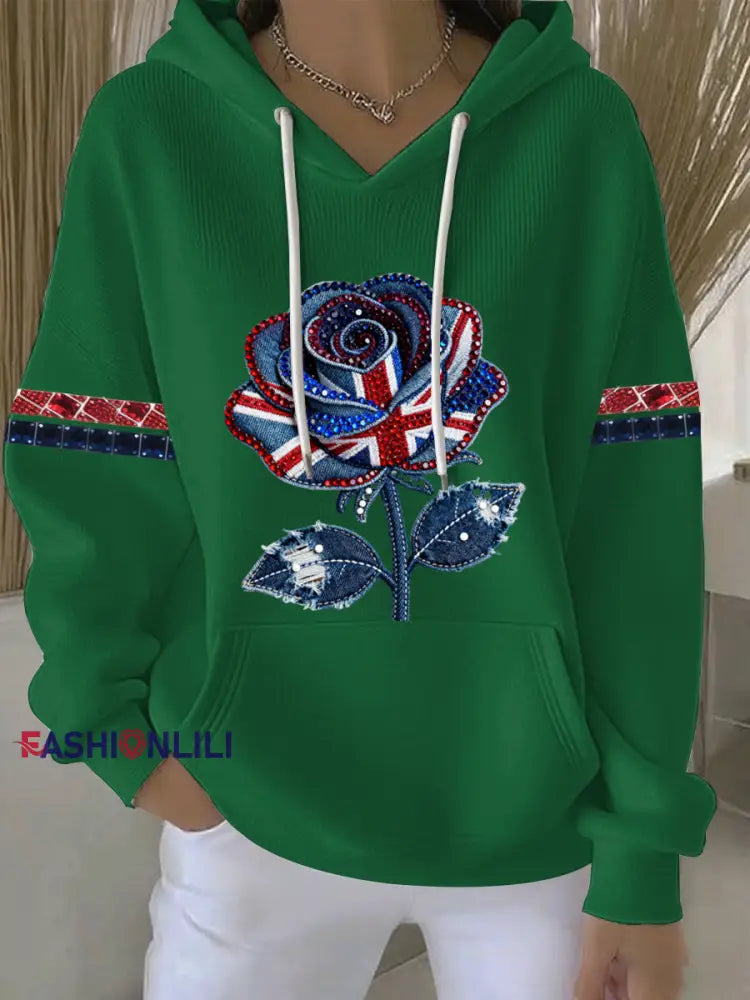 Women’s British style imitation denim rhinestone hot-drill Print Casual Hoodie Green / S