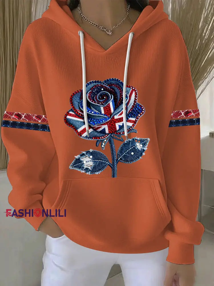 Women’s British style imitation denim rhinestone hot-drill Print Casual Hoodie Orange / S