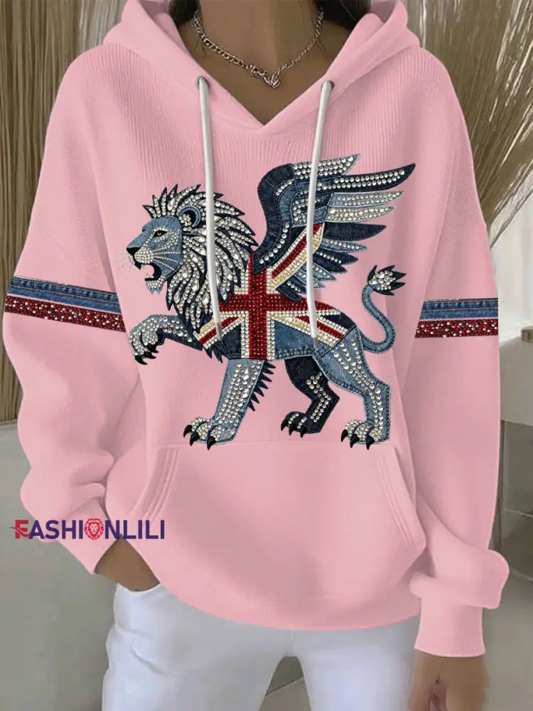 Women’s British style imitation denim rhinestone hot-drill print casual hoodie Pink / S