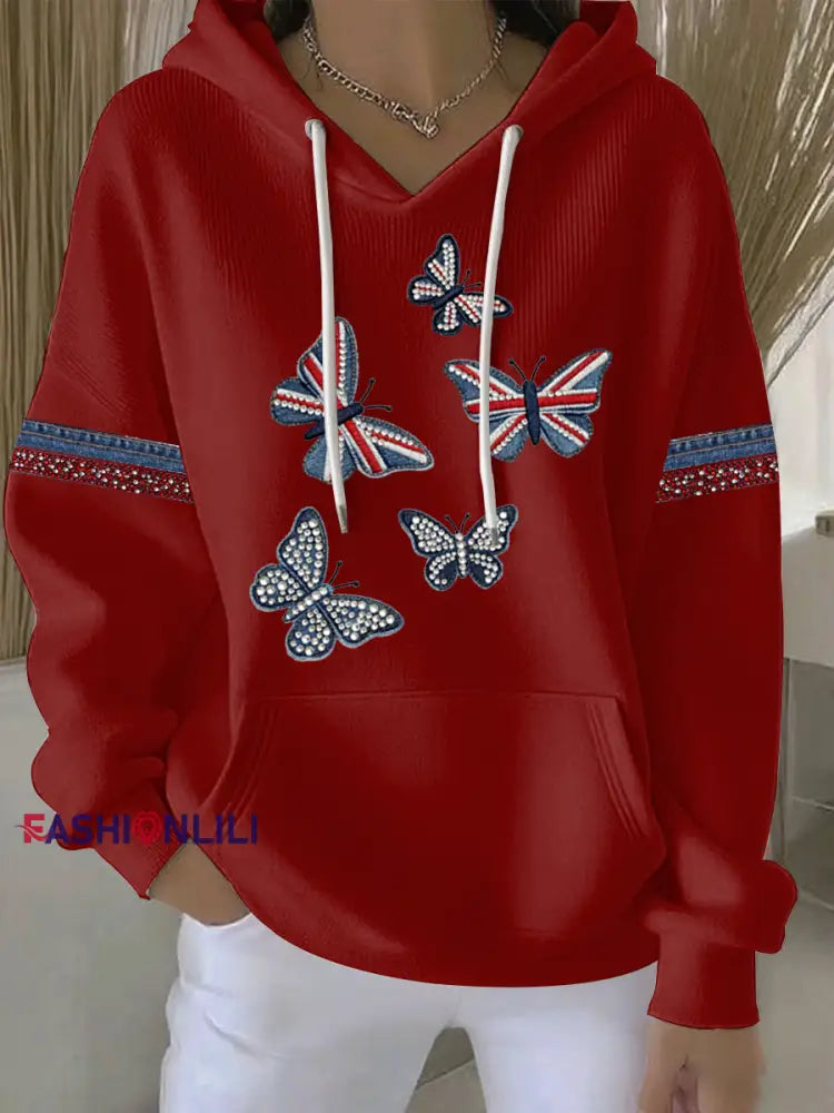 Women’s British style imitation denim rhinestone hot-drill Print Casual Hoodie Red / S