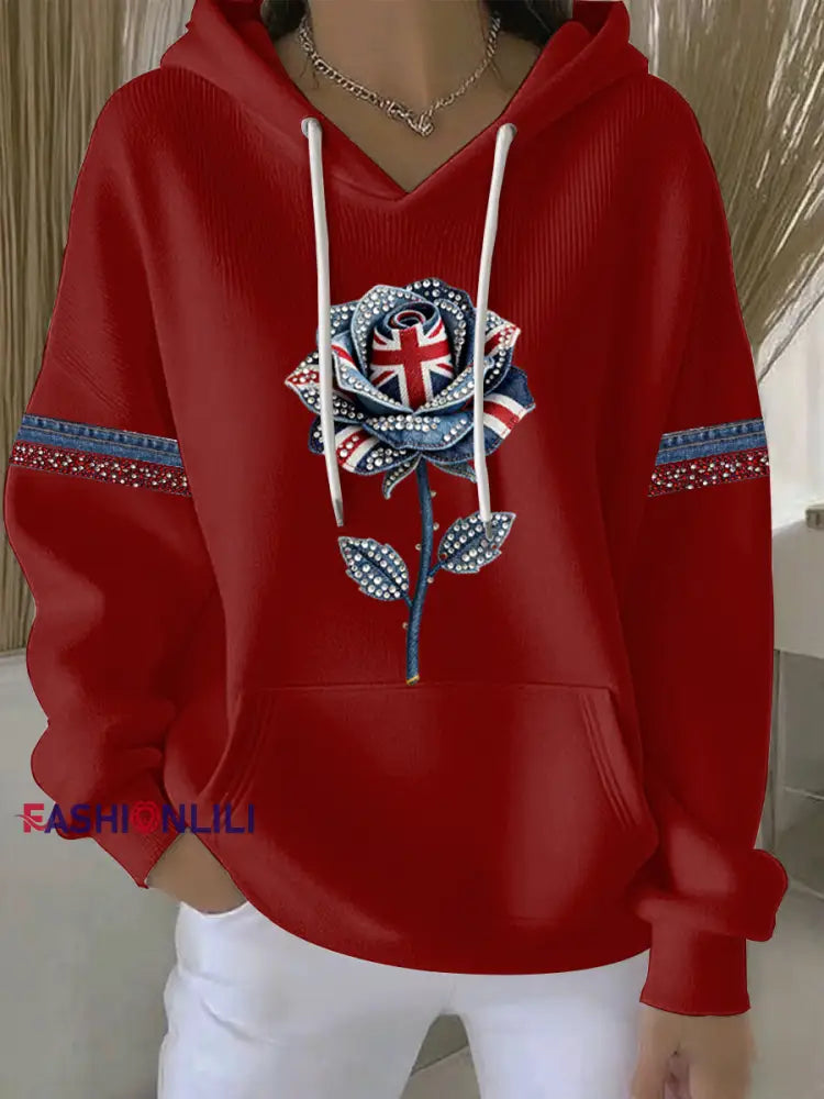 Women’s British style imitation denim rhinestone hot-drill Print Casual Hoodie Red / S