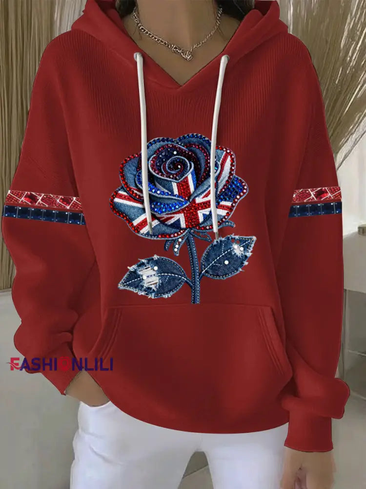 Women’s British style imitation denim rhinestone hot-drill Print Casual Hoodie Red / S
