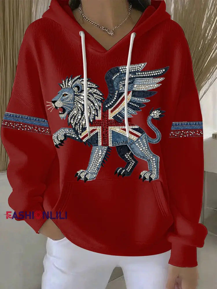 Women’s British style imitation denim rhinestone hot-drill print casual hoodie Red / S