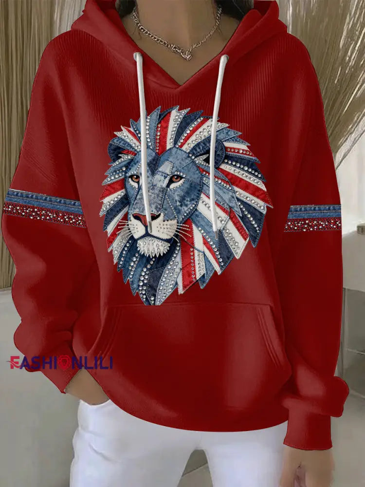 Women’s British style imitation denim rhinestone hot-drill print casual hoodie Red / S