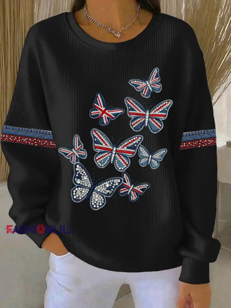 Women’s British style imitation denim rhinestone hot-drill Print Casual Sweatshirt Black / S