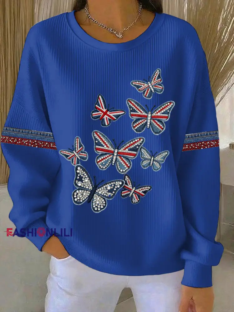 Women’s British style imitation denim rhinestone hot-drill Print Casual Sweatshirt Blue / S