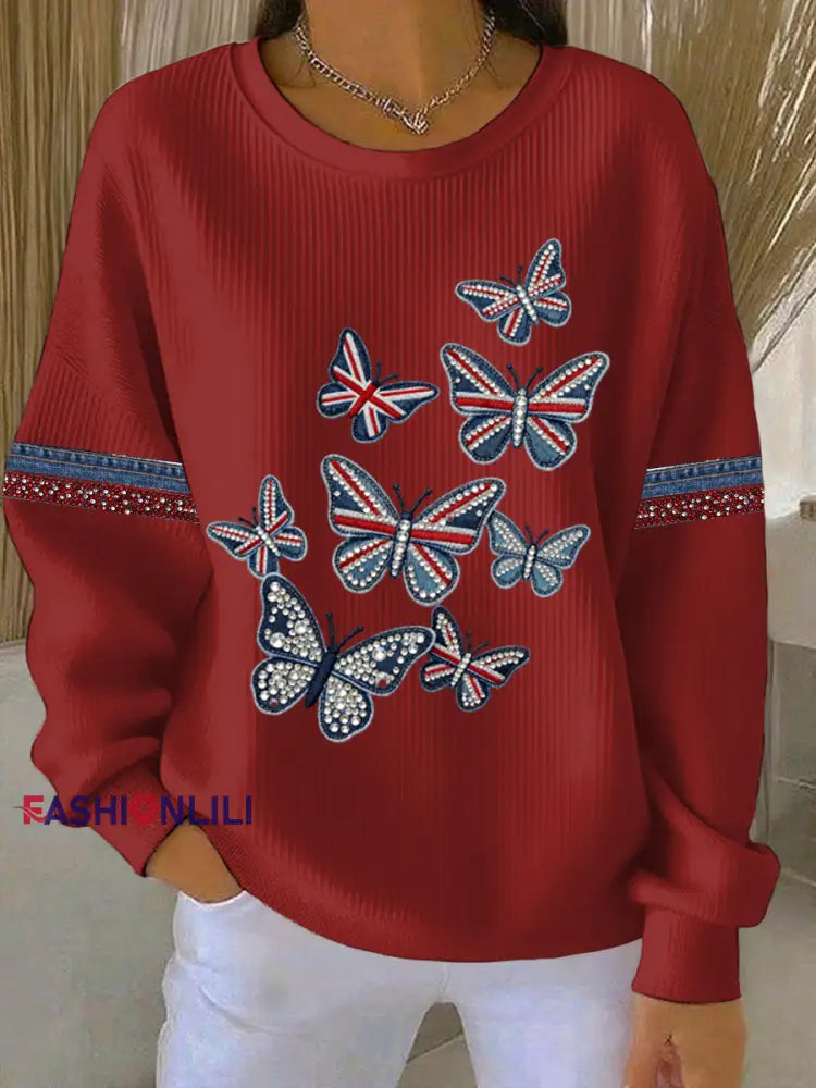 Women’s British style imitation denim rhinestone hot-drill Print Casual Sweatshirt Red / S