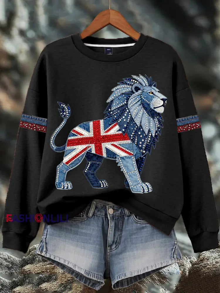Women’s British style imitation denim rhinestone hot-drill Print Sweatshirt Black / S