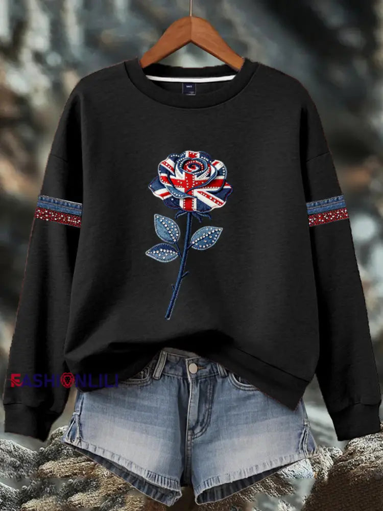 Women’s British style imitation denim rhinestone hot-drill Print Sweatshirt Black / S