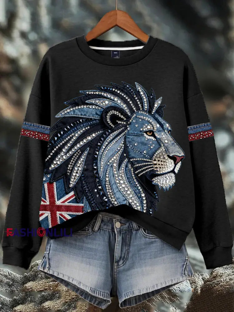 Women’s British style imitation denim rhinestone hot-drill Print Sweatshirt Black / S