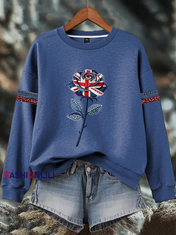 Women’s British style imitation denim rhinestone hot-drill Print Sweatshirt Blue / S