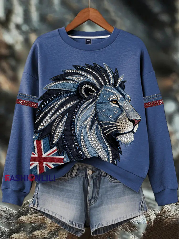 Women’s British style imitation denim rhinestone hot-drill Print Sweatshirt Blue / S