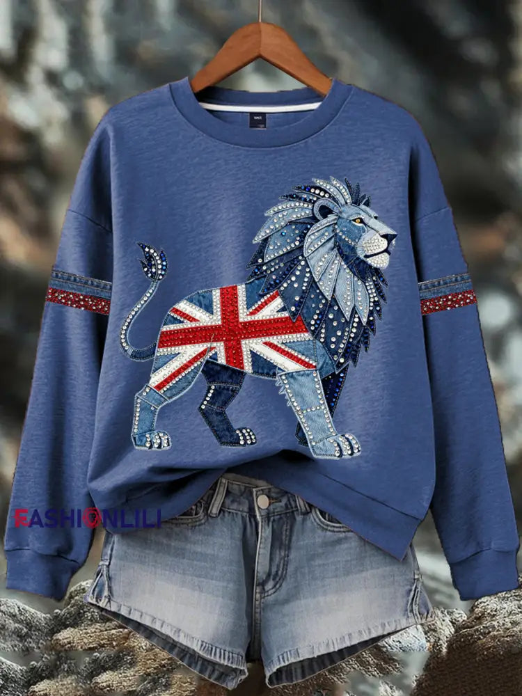 Women’s British style imitation denim rhinestone hot-drill Print Sweatshirt Blue / S