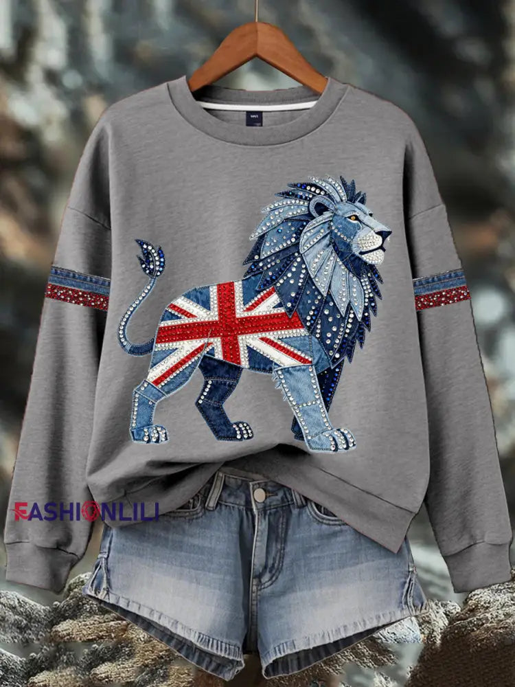 Women’s British style imitation denim rhinestone hot-drill Print Sweatshirt Gray / S
