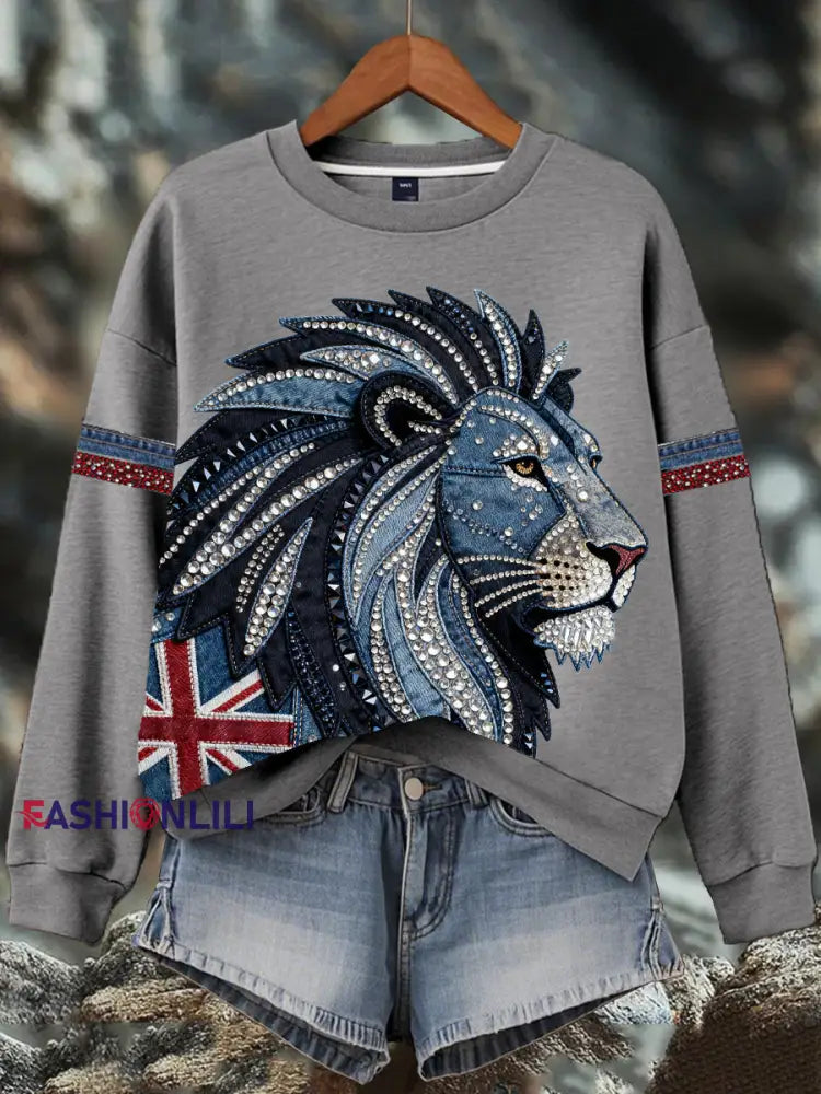 Women’s British style imitation denim rhinestone hot-drill Print Sweatshirt Gray / S