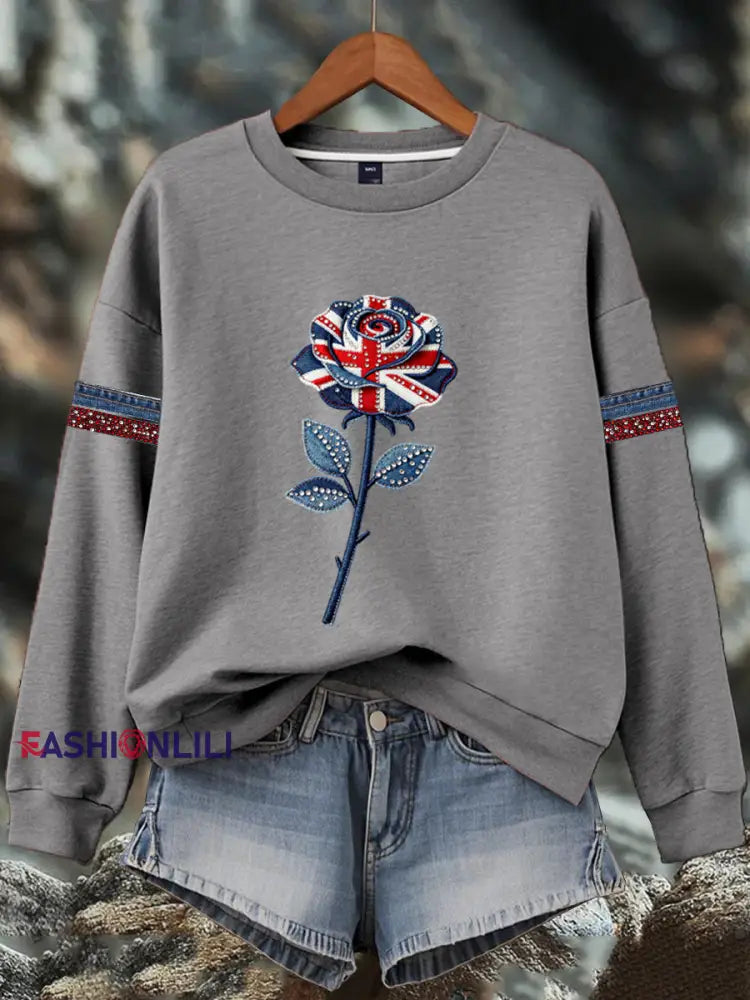 Women’s British style imitation denim rhinestone hot-drill Print Sweatshirt Gray / S
