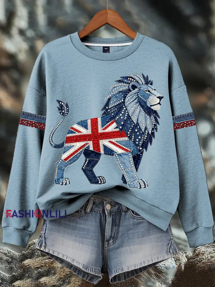 Women’s British style imitation denim rhinestone hot-drill Print Sweatshirt Light Blue / S