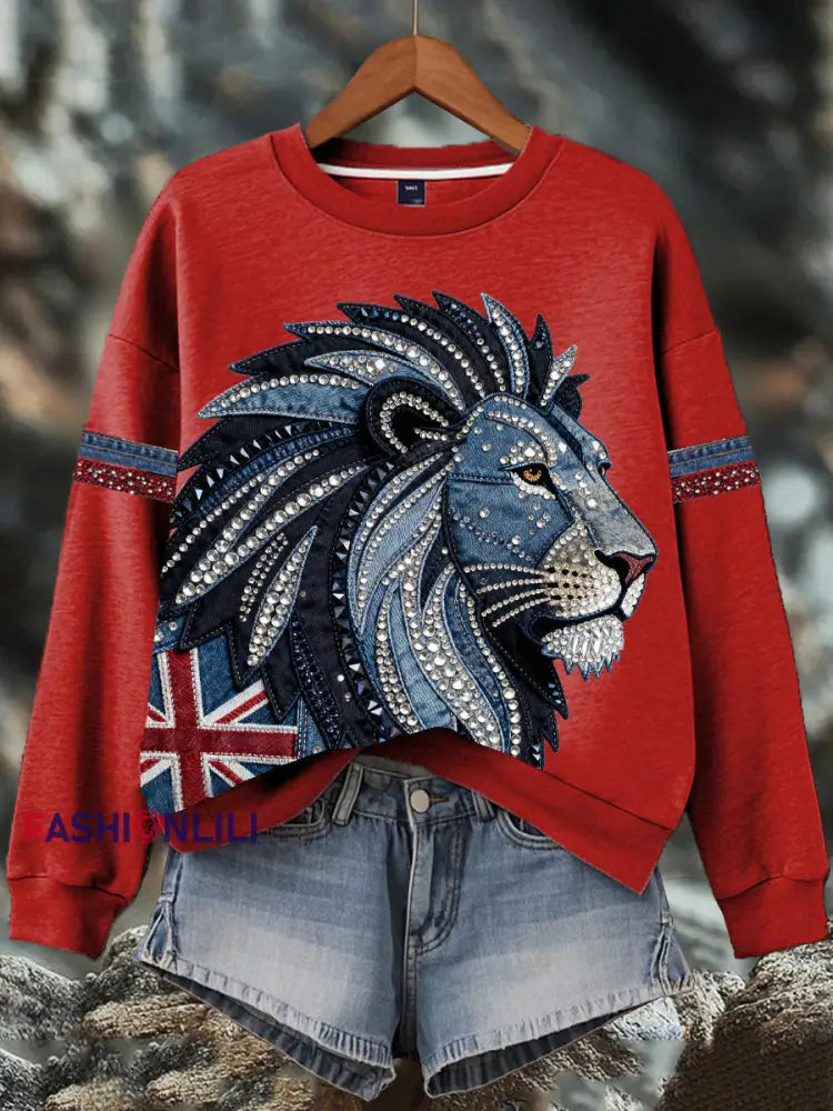Women’s British style imitation denim rhinestone hot-drill Print Sweatshirt Red / S