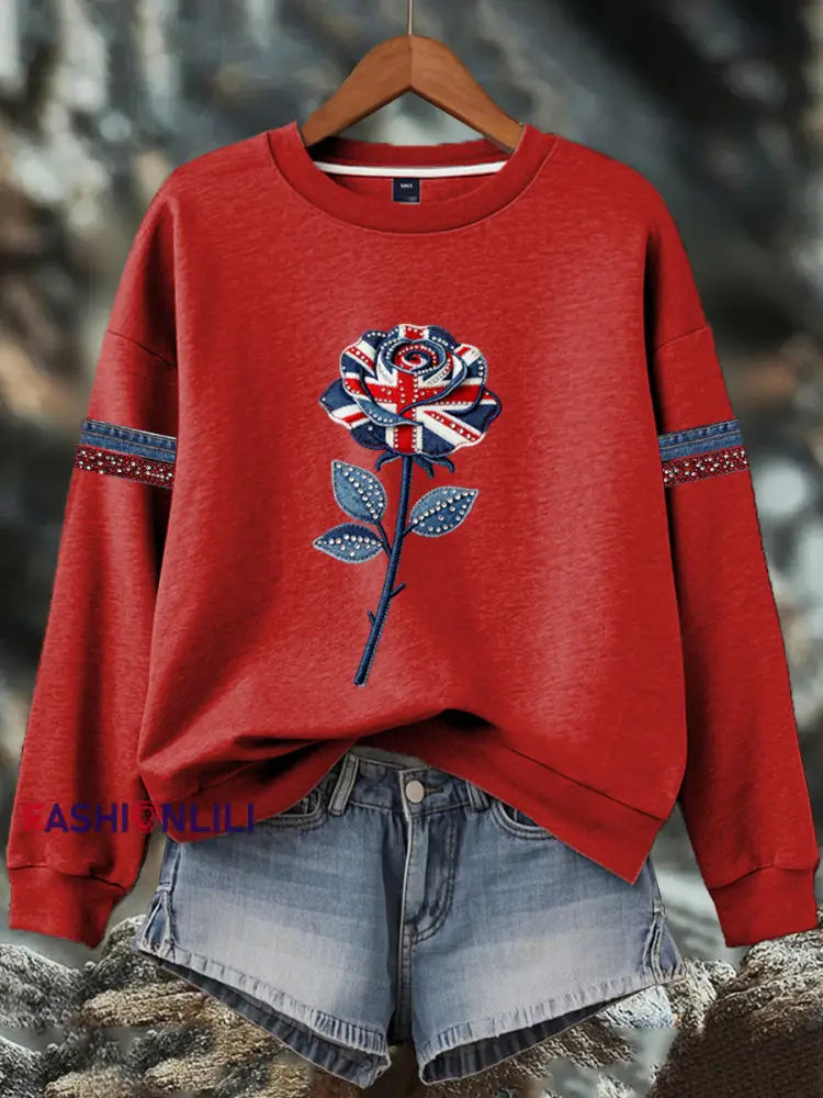 Women’s British style imitation denim rhinestone hot-drill Print Sweatshirt Red / S