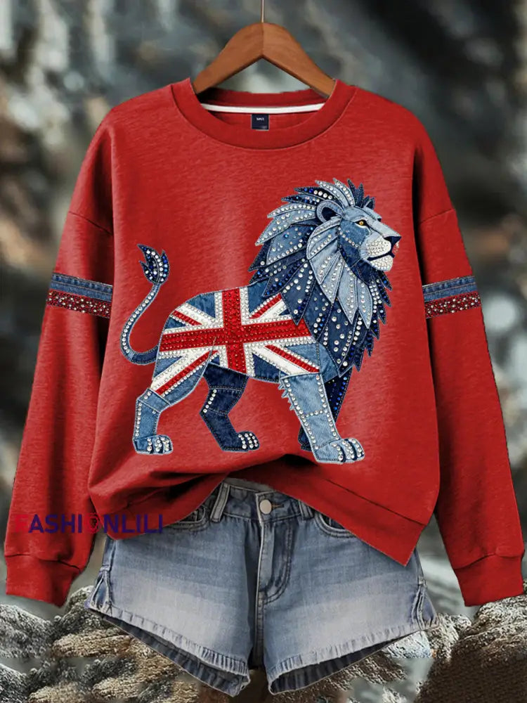 Women’s British style imitation denim rhinestone hot-drill Print Sweatshirt Red / S