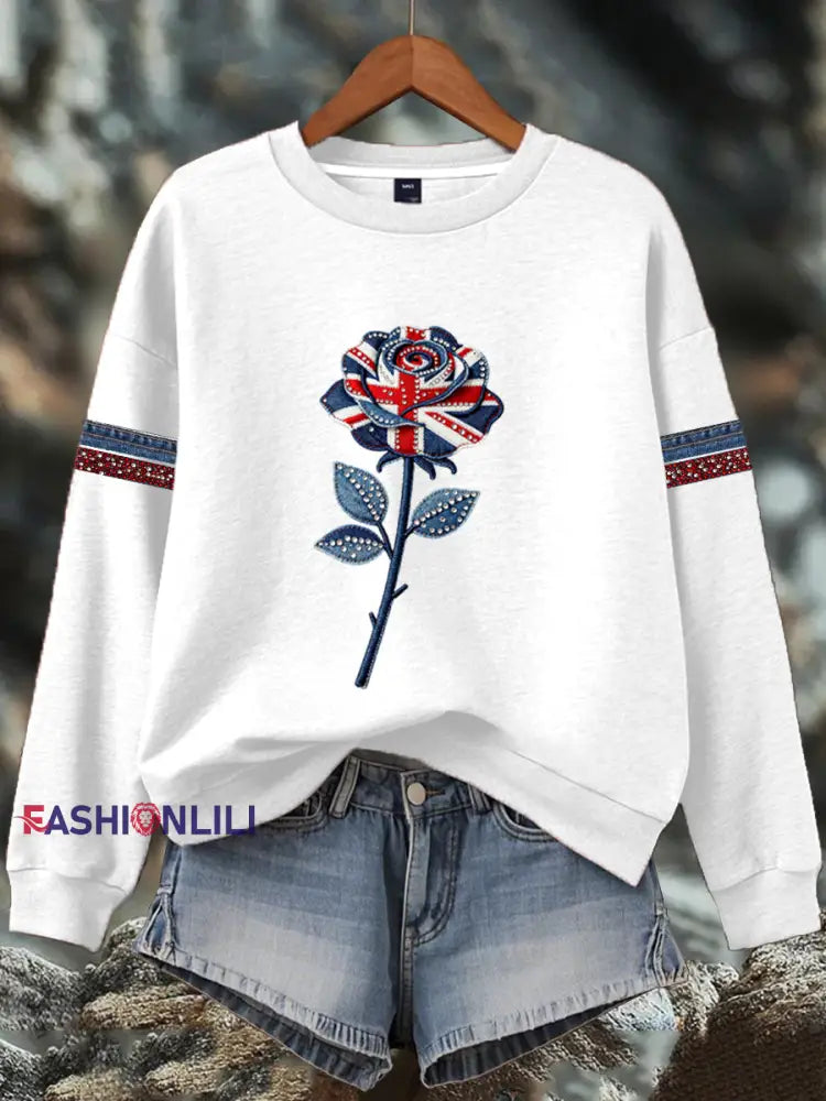 Women’s British style imitation denim rhinestone hot-drill Print Sweatshirt White / S