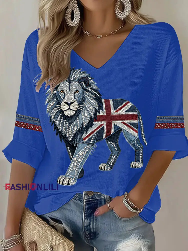 Women’s British style imitation denim rhinestone hot-drill Printed Casual T-shirt