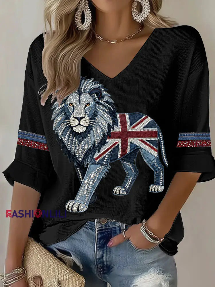Women’s British style imitation denim rhinestone hot-drill Printed Casual T-shirt
