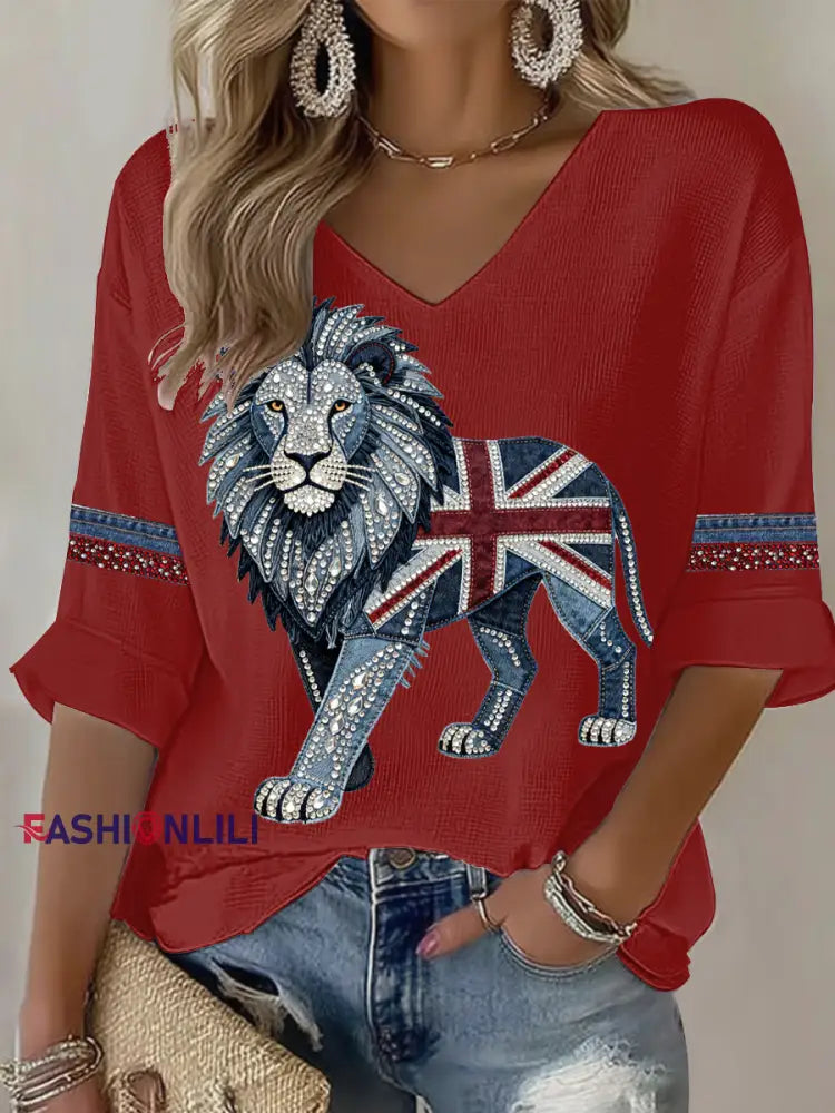Women’s British style imitation denim rhinestone hot-drill Printed Casual T-shirt