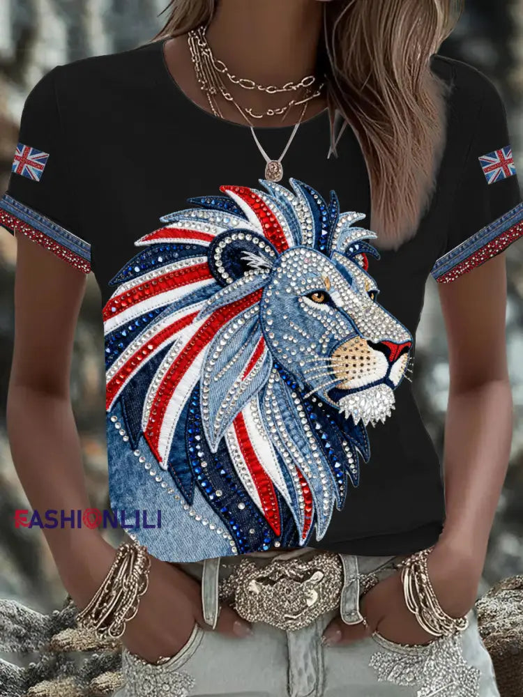 Women’s British style imitation denim rhinestone hot-drill Printed Iron On Short Sleeve T-Shirt Black / S