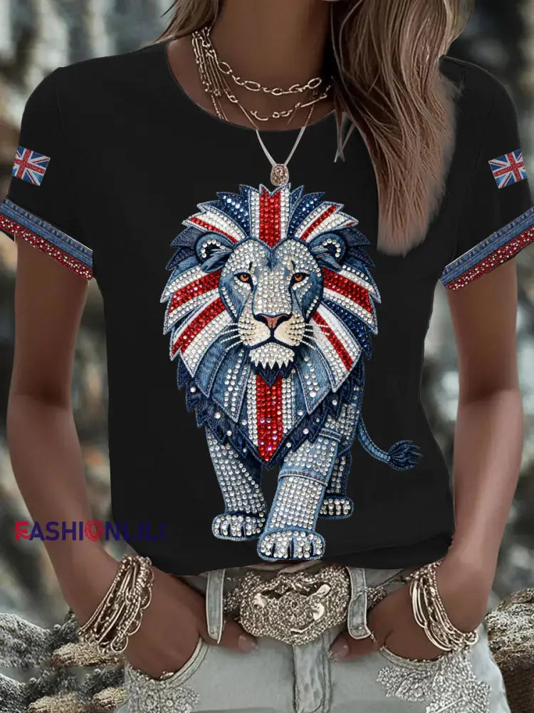 Women’s British style imitation denim rhinestone hot-drill Printed Iron On Short Sleeve T-Shirt Black / S