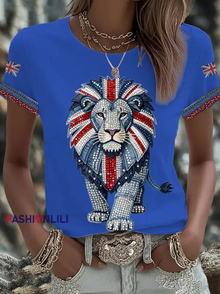 Women’s British style imitation denim rhinestone hot-drill Printed Iron On Short Sleeve T-Shirt Blue / S