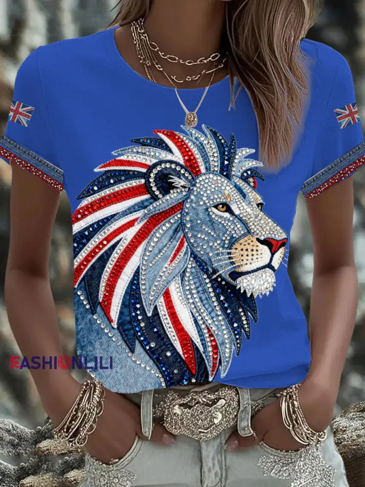 Women’s British style imitation denim rhinestone hot-drill Printed Iron On Short Sleeve T-Shirt Blue / S