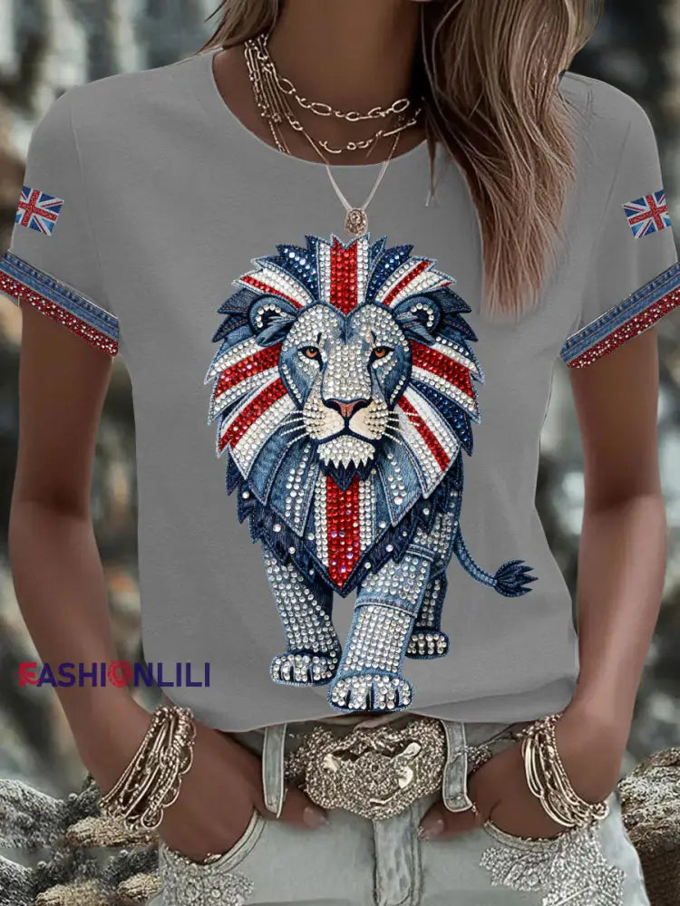 Women’s British style imitation denim rhinestone hot-drill Printed Iron On Short Sleeve T-Shirt Light Gray / S