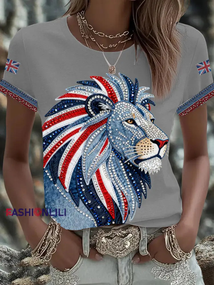Women’s British style imitation denim rhinestone hot-drill Printed Iron On Short Sleeve T-Shirt Light Gray / S