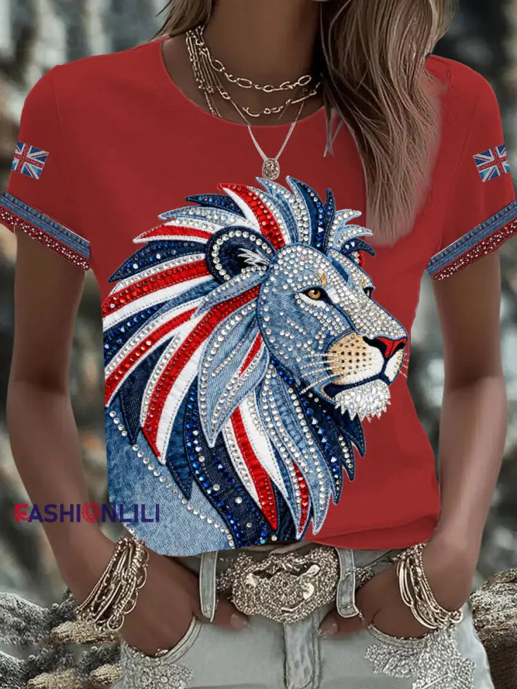 Women’s British style imitation denim rhinestone hot-drill Printed Iron On Short Sleeve T-Shirt Red / S