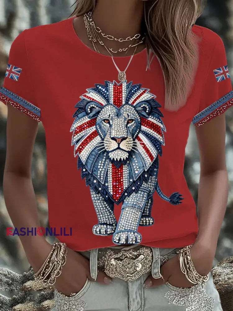 Women’s British style imitation denim rhinestone hot-drill Printed Iron On Short Sleeve T-Shirt Red / S