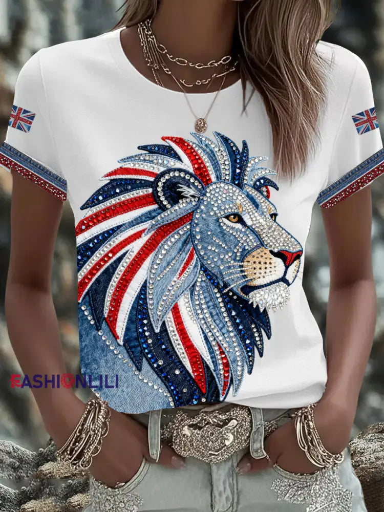 Women’s British style imitation denim rhinestone hot-drill Printed Iron On Short Sleeve T-Shirt White / S