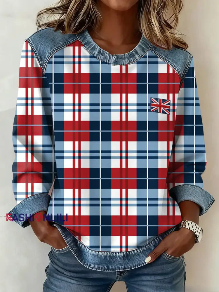 Women’s British Style Inspired Plaid Pattern Patchwork Art Sweatshirt As picture / S