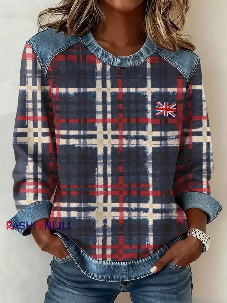 Women’s British Style Inspired Plaid Pattern Patchwork Art Sweatshirt As picture / S