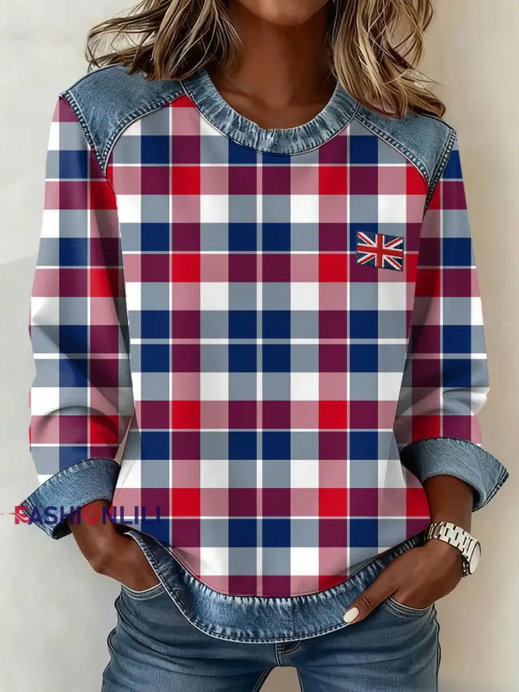 Women’s British Style Inspired Plaid Pattern Patchwork Art Sweatshirt As picture / S