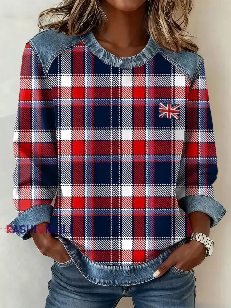 Women’s British Style Inspired Plaid Pattern Patchwork Art Sweatshirt As picture / S