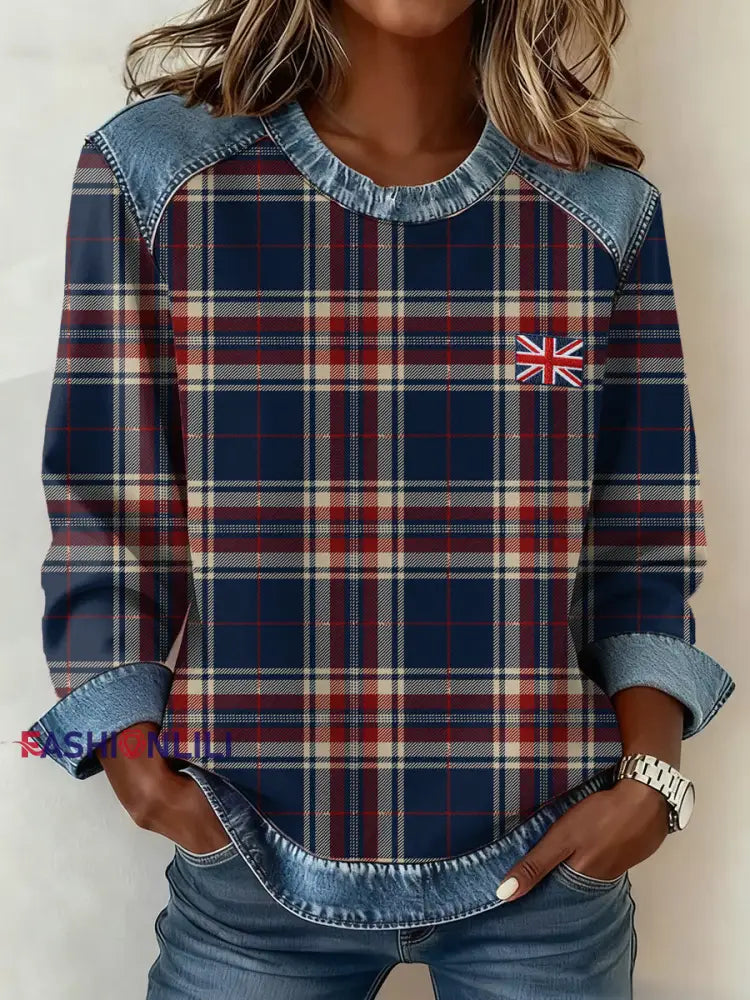 Women’s British Style Inspired Plaid Pattern Patchwork Art Sweatshirt As picture / S
