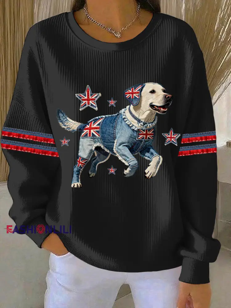 Women’s British Style Labrador Print Casual Sweatshirt Black / S
