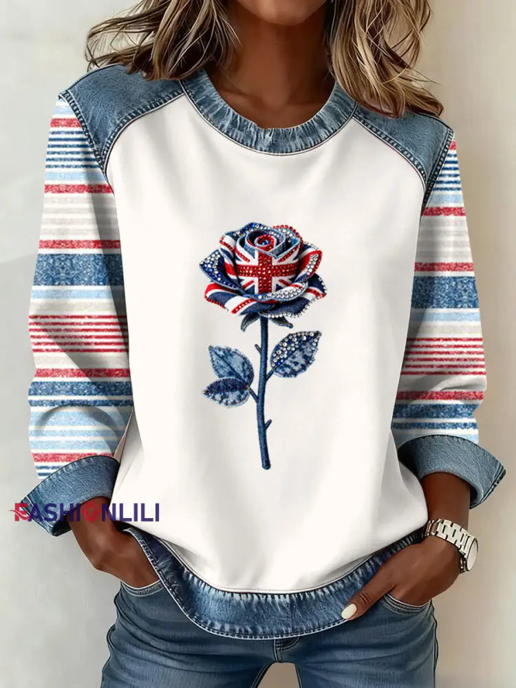 Women’s British Style Pattern Patchwork Art Sweatshirt White / S