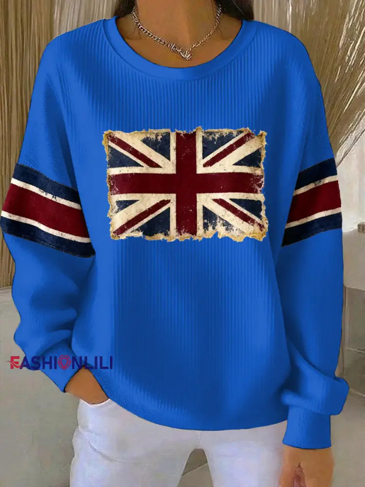 Women’s British vintage flag print Ribbed Round-Neck Sweatshirt Blue / S