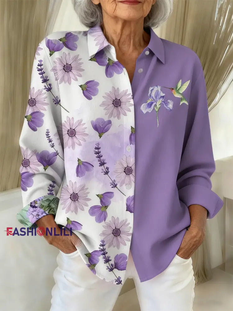 Women’s Casual Purple Hummingbird Textured shirts Purple / S