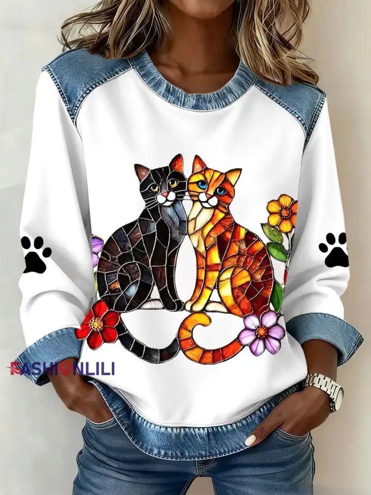 Women’s Cats Print Sweatshirts White / S