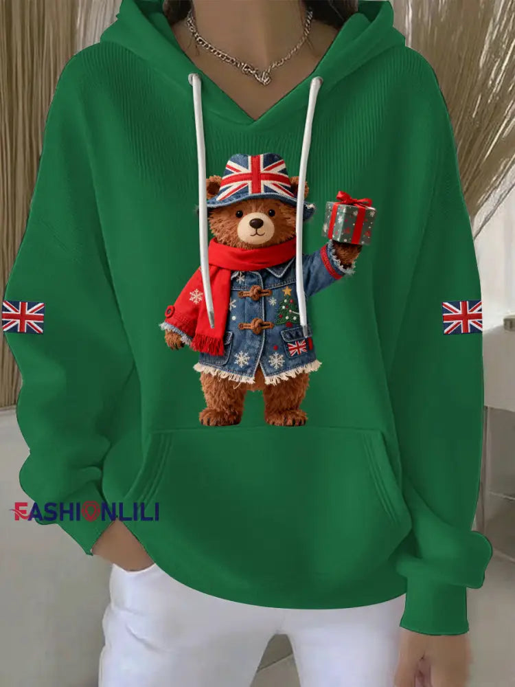 Women’s Christmas British style Print Casual Hoodie Green / S