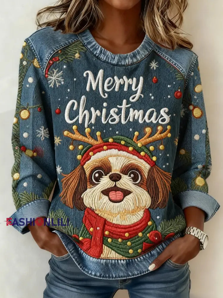 Women’s Christmas Cute Dog Denim Patchwork Top Blue / S